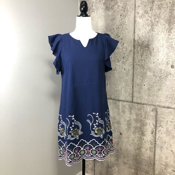 🆕 Love Kuza Navy Embroidered Floral Scalloped Ruffle Shift - Picture 2 of 11